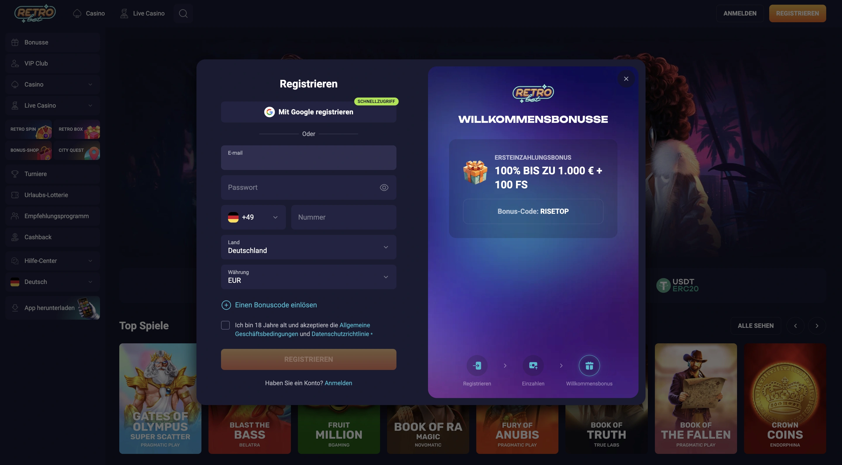 RetroBet Casino Konto erstellen und Registrierung